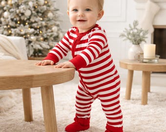 Red Striped Christmas Cotton Baby Zipper Romper with Convertible Cuffs