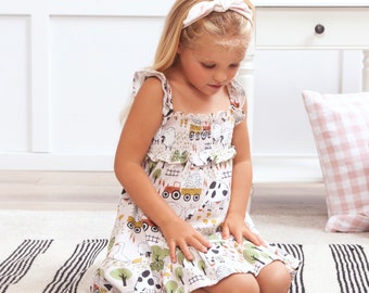 Robe à smocks pour fille - Bambou et coton - Imprimé ferme champêtre - Bébé, tout-petit, adolescent - Vêtements pour bébé fille