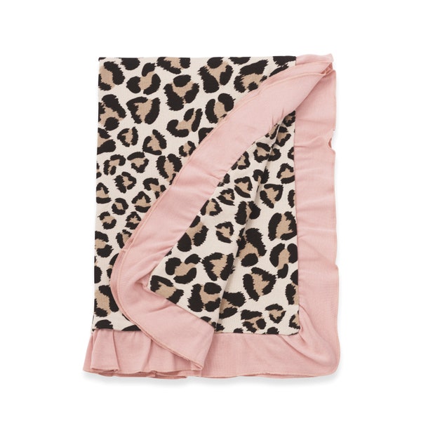 Baby Girl Stroller Blanket Leopard - Leopard with Pink Trim - 100% Cotton - Tesa Babe