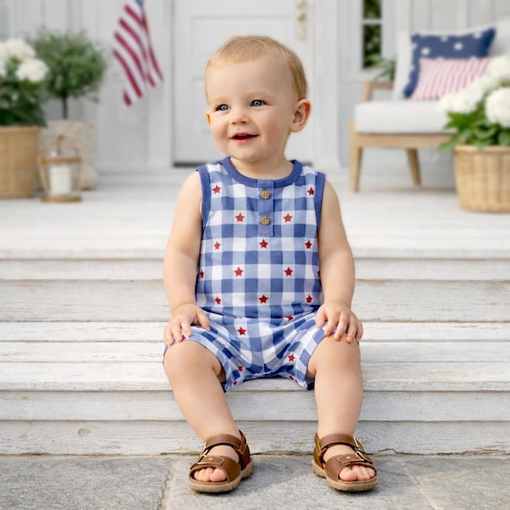 Baby Girl 4th Of July Outfit Set - Newborn Patriotic Romper + Stars & Stripes Suspender Dress + Headband - Red White Blue Independence Day Clothes