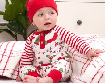 Baby Christmas Henley Romper - Bamboo Blend Fabric with Cotton Trim - Xmas Print - Baby Boy or Girl