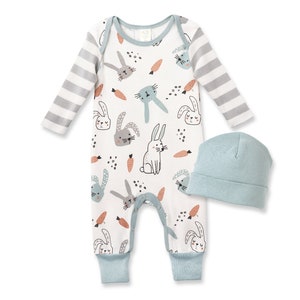 Baby Boy Easter Outfit, Bunny Baby Romper in Blue & Grey