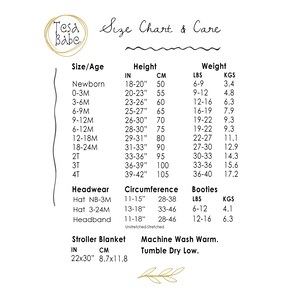 May include: Size chart and care instructions for baby clothes. The chart shows sizes from newborn to 4T, with corresponding height and weight measurements in inches and pounds, and kilograms. It also includes a section for headwear and booties with circumference and size measurements.