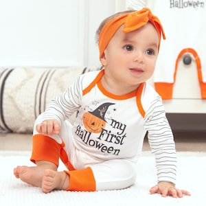 Baby Halloween Outfit - My 1st Halloween Pumpkin - Romper with Optional Hat or Headband - Cotton