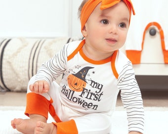 Baby Halloween Outfit - My 1st Halloween Pumpkin - Romper with Optional Hat or Headband - Cotton
