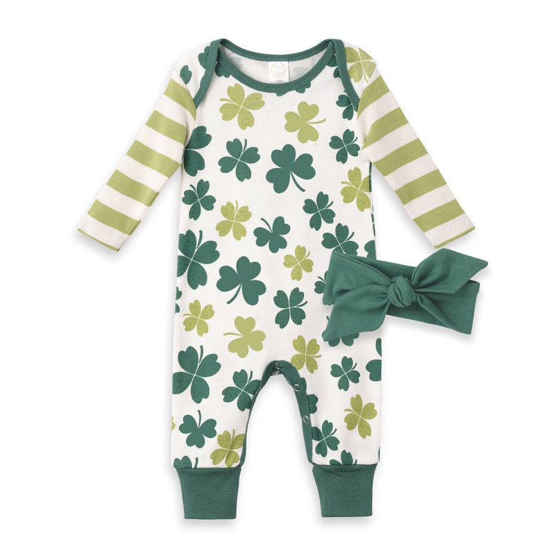 Shamrocks & Clovers Baby Romper 100% Cotton Newborn Girl Boy Irish Celtic St. Patrick's Day Tesa Babe Romper & Headband