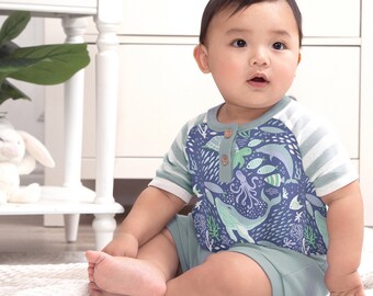 Baby Boy Outfit - Bamboo Cotton Ultra Soft - Ocean Henley Tee with Whales - Bamboo Cotton Ultra Soft - Tee & Shorts - Tesa Babe