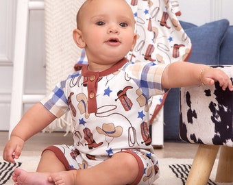 Baby Boy Short Henley Romper - Western Cowboy - Bamboo Cotton Ultra Soft -  Tesa Babe