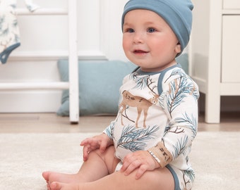 Baby Christmas Deer Pine Bodysuit & Hat Set - 2 Piece Newborn Holiday Gift Set - Cotton - Tesa Babe