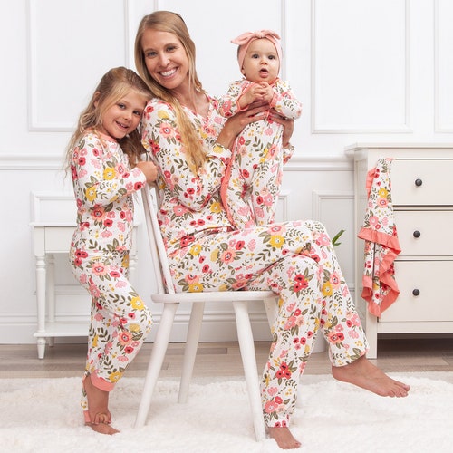 Pyjama fleuri en bambou, pyjama familial assorti, maman et moi, cadeau fête des mères