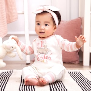 Baby Girl Easter Outfit Cotton Romper with Pink Stripes Romper with Optional Headband Tesa Babe image 2