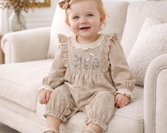 Embroidered Wildflower Linen Baby Romper With Lace Trim