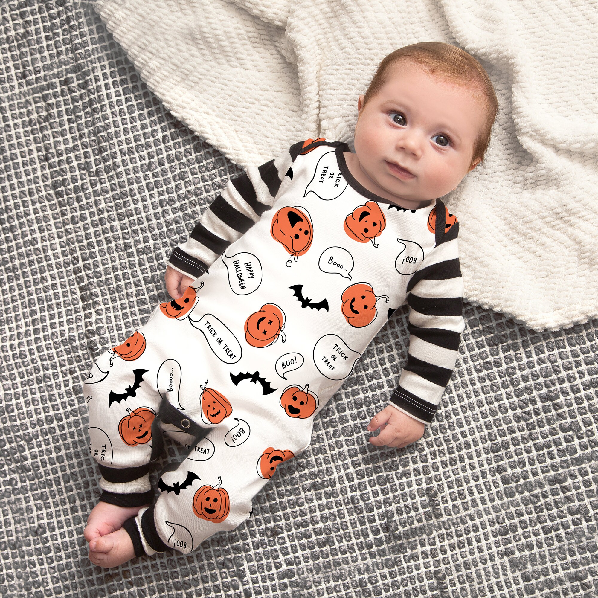 Baby Halloween Outfit My 1st Halloween Pumpkin Boo Print with Optional Headband or Hat Girl Boy Unisex Cotton