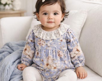 Vintage Floral Baby Bodysuit with Lace Collar, Long Sleeve Romper