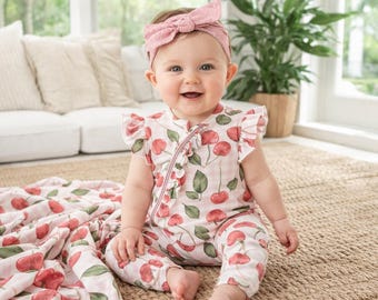 Baby Girl Cherry Picnic Flutter Sleeve Romper, Bamboo