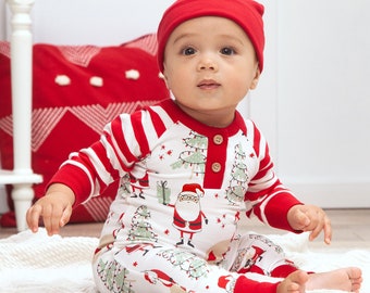 Baby Christmas Romper - Bamboo Cotton Henley Playsuit - Holiday Baby Gift - Baby Boy or Girl