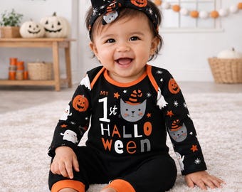 Baby Halloween Outfit - My 1st Halloween - Pumpkin Print with Optional Headband