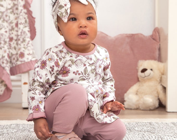 Baby Girl Outfit Bamboo Cotton Vintage Fancy Flowers Print Top & Pants Baby Girl Clothes Etsy