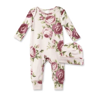 Baby Girl Romper Cabbage Rose Mauve & Beige Cotton Rib Coming Home Outfit Tesababe Floral Romper & Hat