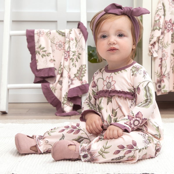 Baby Girl Bamboo Floral Romper - Plum and Pink Flower Embroidery looking Outfit - Baby Girl Clothes