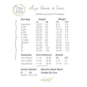 May include: A cream-coloured size chart with the text "Tesa Babe" in a gold circle. The chart includes size/age, height in inches and cm, and weight in pounds and kgs. It also lists headwear, circumference, and booties sizes.
