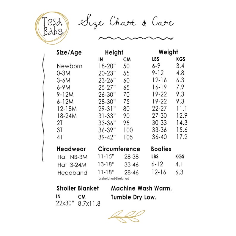 May include: A cream-coloured size chart with the text "Tesa Babe" in a gold circle. The chart includes size/age, height in inches and cm, and weight in pounds and kgs. It also lists headwear, circumference, and booties sizes.