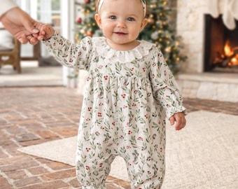Holiday Berry Cotton-Rayon-Linen Baby Romper With Lace Trim
