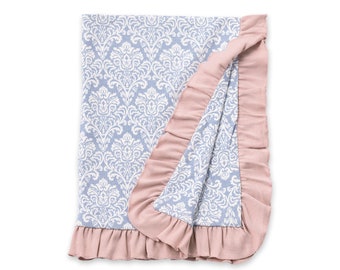 Baby Girl Stroller Blanket in Blue Damask Print - Babygirl Clothes, Newborn Baby Clothes, Blue Floral Damask Toile