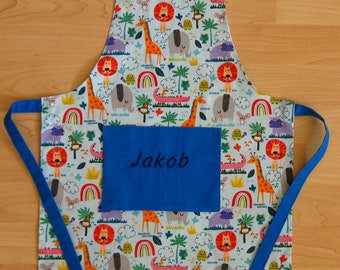 Children's apron / kitchen utensil set - safari / light blue - personalized on request