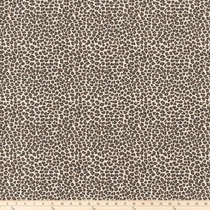 May include: A white fabric with a brown leopard print pattern. The fabric is shown with a measuring tape, indicating it is sold by the yard.