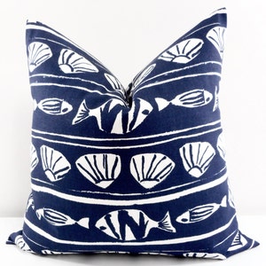SALE Indigo Pillow Cover. Indigo and white. Caicos Print. Blue Sea shell & Fish print. Sham Pillow Cover. Pillow case. Select size.