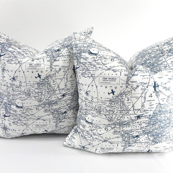 Air Traffic Navy Cushion cover, Set of 2, Map pillow cover,Travel,world map air travel, Navy and white. Select your size.