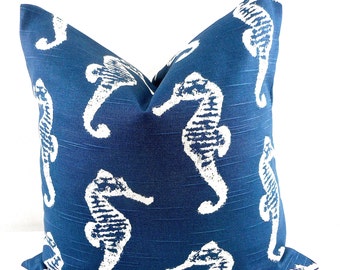SALE Nautical Pillow Cover, Navy Blue Pillow cover, Sea horse, Beach decor, Blue and white Sham cover, Cushion cover, Country Pillow cover,