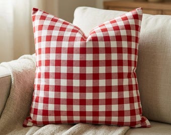 Red Plaid Farmhouse Pillow Cover, Cotton Throw Pillow.  All size