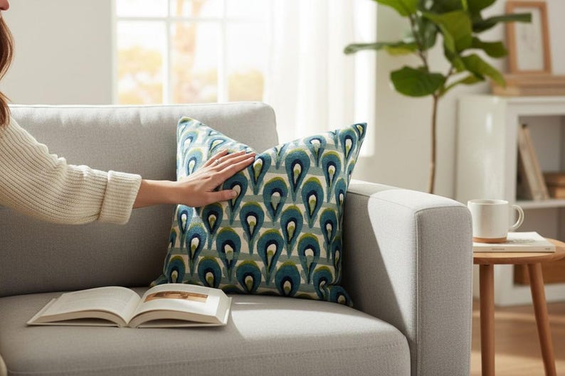 Pu&ograve; includere: Un cuscino decorativo con un motivo a gocce blu, verde e bianco poggia su un divano grigio. Il cuscino &egrave; quadrato e sembra morbido. Un libro aperto &egrave; sul divano e la mano di una persona &egrave; appoggiata sul cuscino.