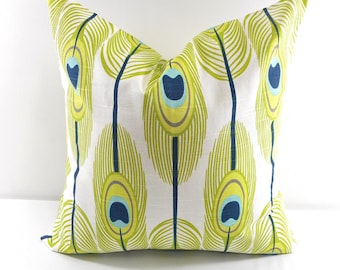Green Peacock Feather Pillow Cover, Decorative Cushion Sham