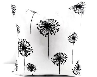 White Pillow. Black & White Pillow cover. Dandelion Pillow. Floral Sham. Cotton. Sham Pillow case. Farmhouse Pillow Cover. Euro Pillow case.