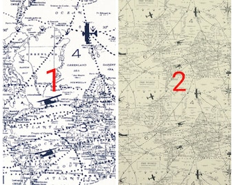 Map Fabric. Air traffic. White and blue.  Natural and Gray. Premier prints.  Fabric by the yard