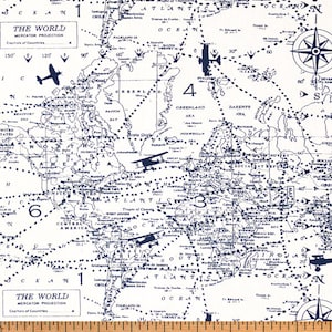 May include: A vintage world map printed on white fabric with a blue and white color scheme. The map features a Mercator projection and includes a compass, a ruler, and several airplanes. The text "The World" and "Mercator Projection" is printed on the map.