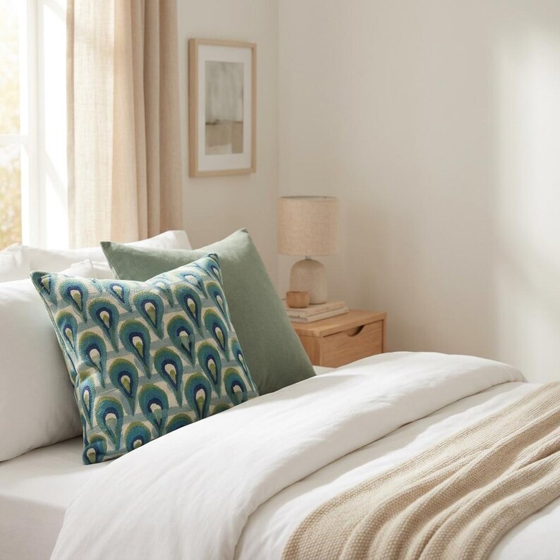 Pu&ograve; includere: Un letto con lenzuola bianche e una coperta beige. Sul letto ci sono due cuscini decorativi: uno con un motivo verde acqua, blu e verde e un cuscino verde tinta unita. Sono visibili anche un piccolo comodino in legno e una lampada.