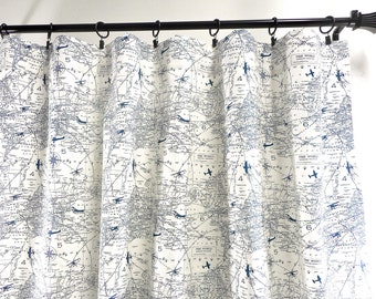 Map Curtain.  Air traffic. Navy and White 2 panel curtain.  Window Treatment. Cotton.unlined.Designers. Choose size