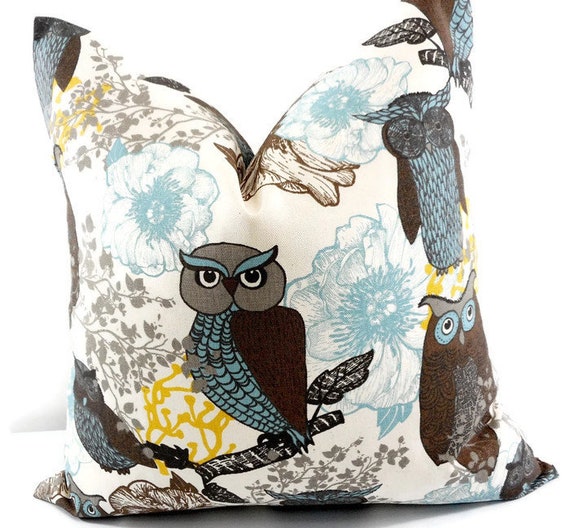 Brown Pillow cover. Owl  Print  Sofa Pillow cover. Brown Owl. Peepers Brown & Blue Sham Pillow Cover. Pillow case. Farmhouse Pillow Cover.