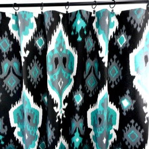Black and Jade Curtains. Ikat Jade 2 Panel Curtains. Drapes. Window Treatment. Cotton.unlined.Designers. Choose size