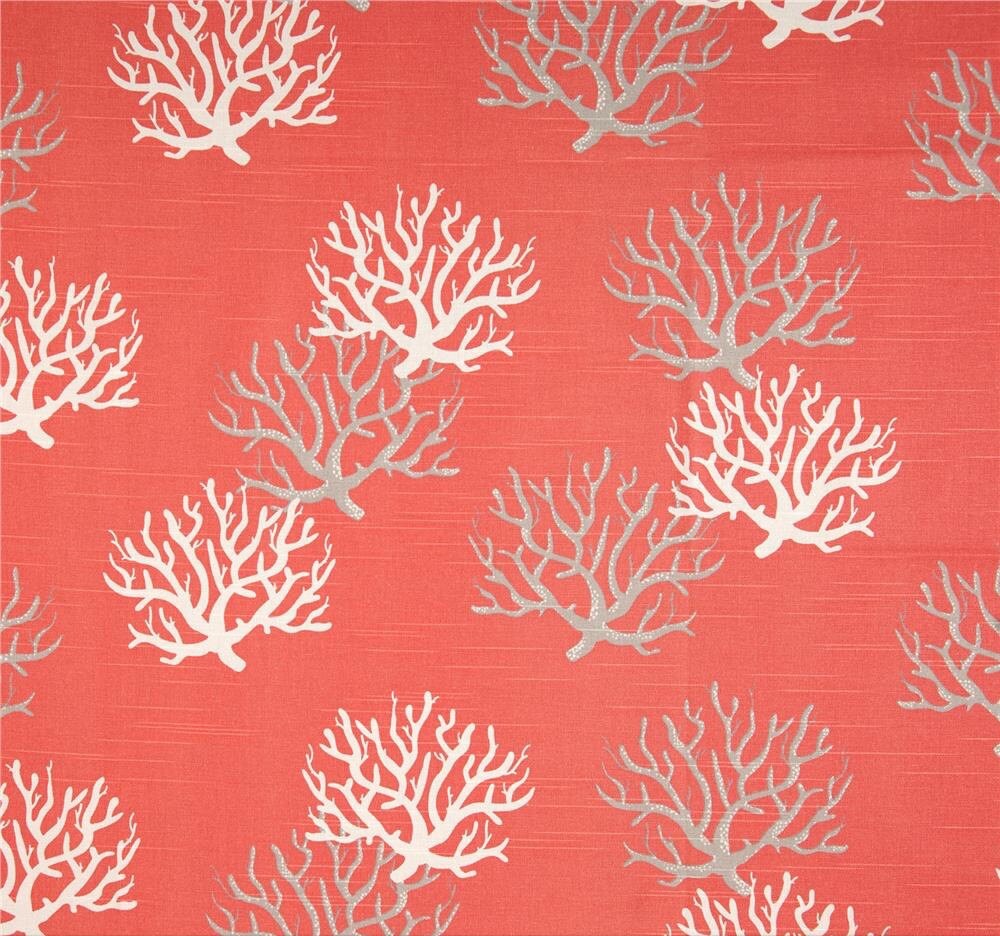 Salmon Fabric. Premier Prints. Coral White Grey and Salmon . Etsy