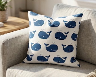 Navy Blue Whale Pillow Cover, Nautical Kids Room Decor