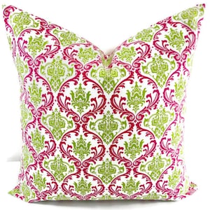 Pink & Chartreuse  pillow cover. Madison Small Damask Print Pillow cover. Throw pillow cover. Cotton. Sham Pillow case. Select your size.