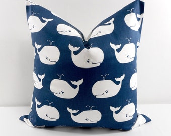 Blue PILLOW. Whale. Navy Blue & white Pillow. Animal Print cover. Cushion Covers. cotton. Select size