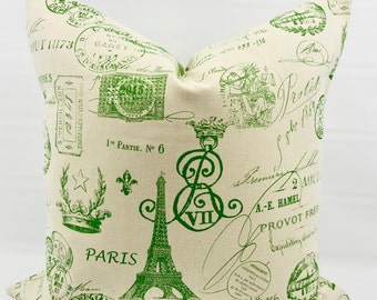 French style Pillow Cover. Green  Pillow cover. French Stamp kelly green & Natural Pillow cover. Pillow Case. 1 piece. Farmhouse Pillow