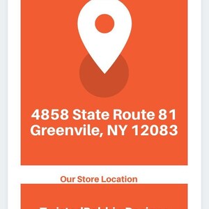 以下が含まれることがあります： オレンジ色の背景に、白い位置マーカーのアイコン。テキストは「4858 State Route 81 Greenville, NY 12083」と表示されています。その下に「Our Store Location」と「TwistedBobbin Designs」と書かれています。