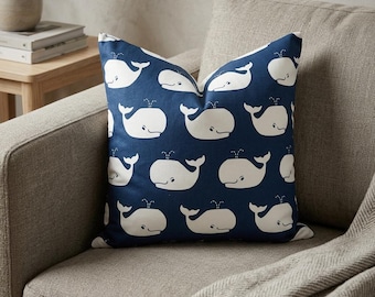 Navy Blue Whale Print Pillow Cover, Cotton Cushion Sham